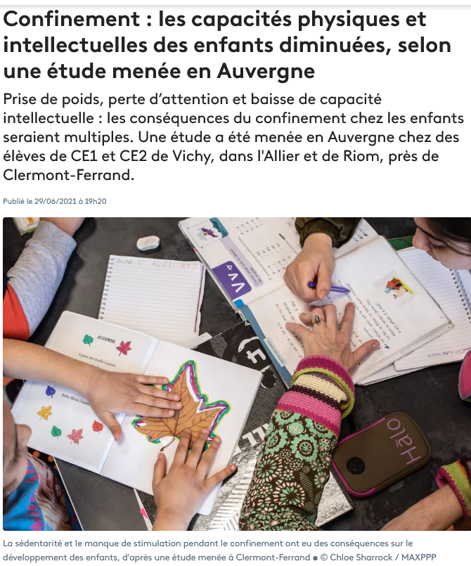 Confinement : les capacités physiques et intellectuelles des enfants diminuées, selon une étude menée en Auvergne